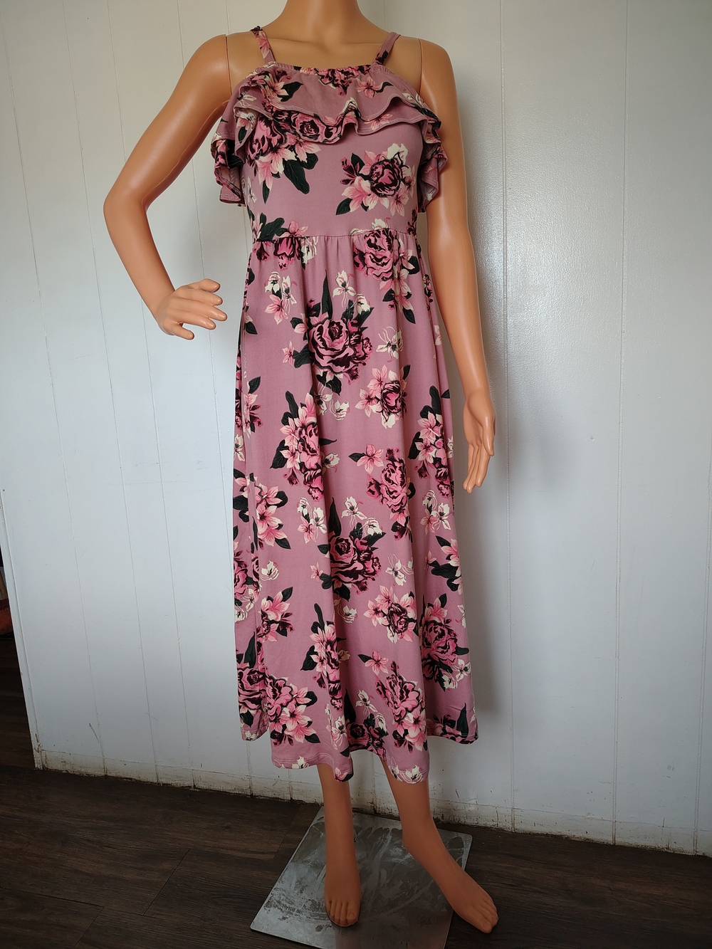 Kiss Dusty Rose Floral Ruffle Midi Dress Size 14/16.